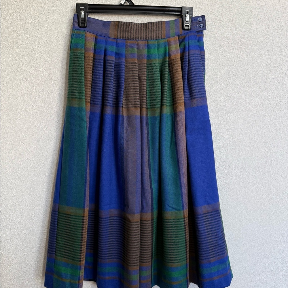 Vintage 100% Wool Plaid Midi Skirt Blue Green Tartan Pleated Size 10P - Picture 4 of 9